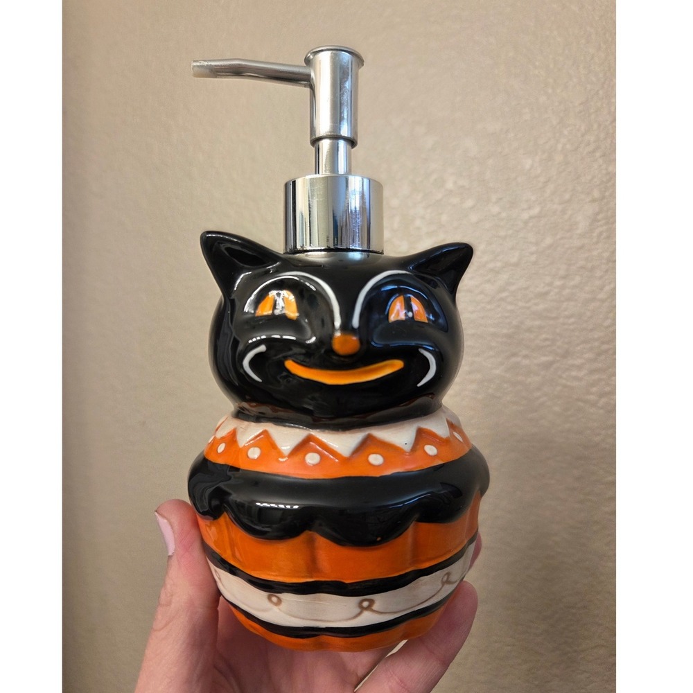 Johanna Parker Halloween Grinning Black Cat Pumpkin Ceramic Soap Dispenser